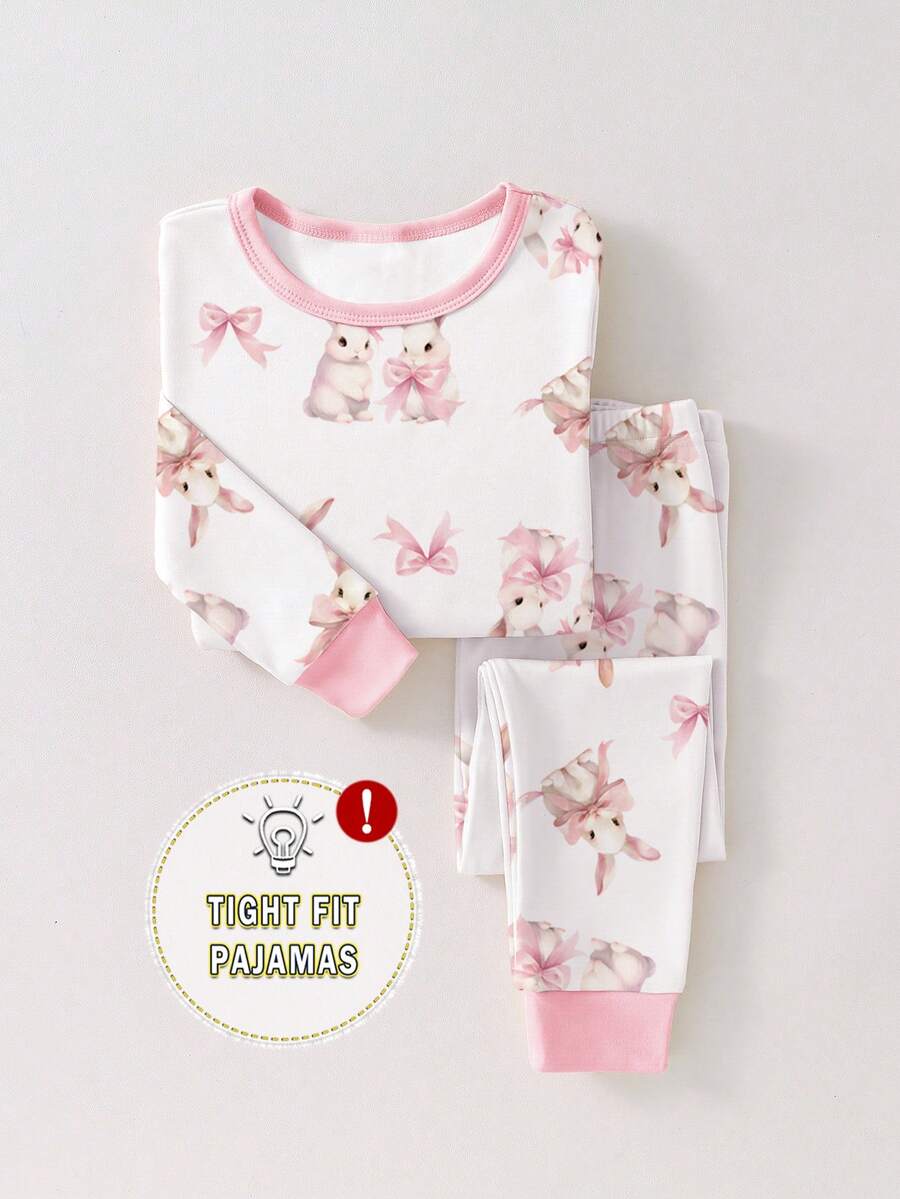一套女童卡通兔子蝴蝶结印花紧身长袖上衣和裤子睡衣套装，春秋季 - 白色 - 查看 1
