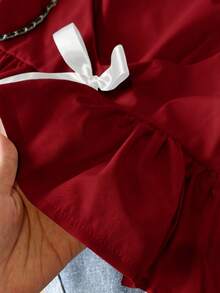 SHEIN Frenchy Áo hai dây cổ tròn đính nơ trang trí viền bèo nhún dễ thương cho nữ - Màu Đỏ Sâu - Xem 5