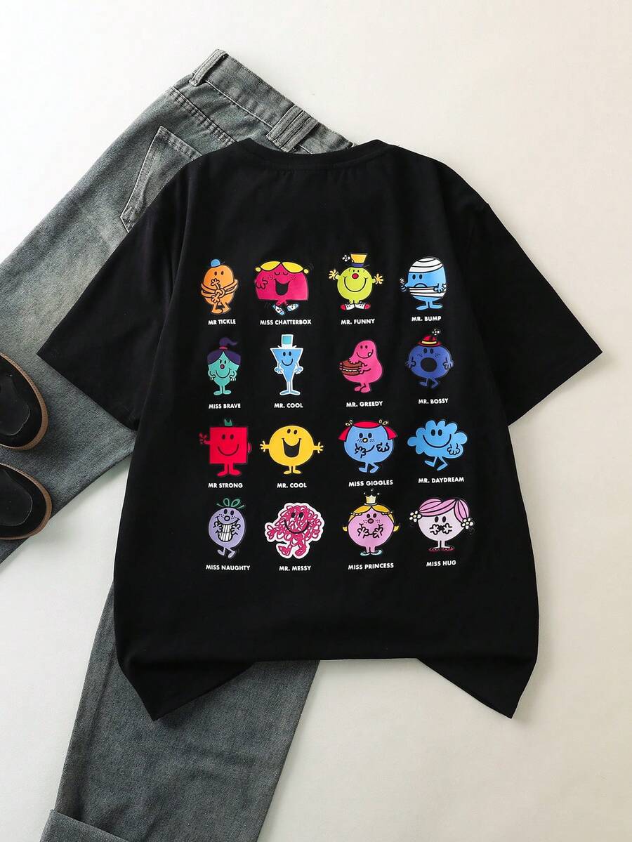 Mr Men Little Miss X SHEIN Men's Casual Cartoon & Letter Graphic Round Neck Short Sleeve T-Shirt, Summer - Black - View 1