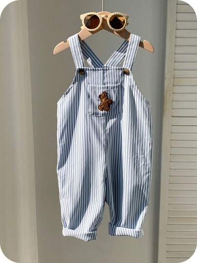 SHEIN Baby Boy Casual Cute Versatile Striped Cartoon Bear Pattern Bib Jumpsuit Baby Boy Overall Set
