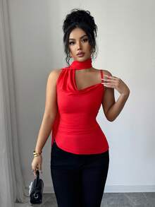 Elenzga Áo cánh cổ xếp ly bất đối xứng thanh lịch, eo nhún, đa năng cho thường ngày, tiệc tùng, nghỉ mát, thích hợp cho mùa xuân/hè, đám cưới, ngày lễ tình nhân, màu đỏ thời trang - Đỏ - Xem 7