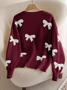 CosyJoli 秋冬季大码女式宽松V领蝴蝶图案长袖毛衣 - 紅色 - 查看 2