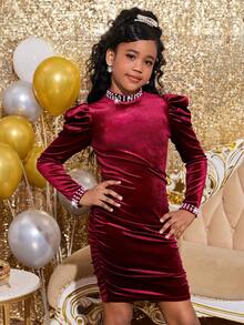 فستان مناسب للبنات المراهقات بياقة مزينة بالخرز وخصر ضيق وأكمام منتفخة، مناسب لحفلات عيد الميلاد، هدية عيد الميلاد، فستان أحمر، ملابس للبنات