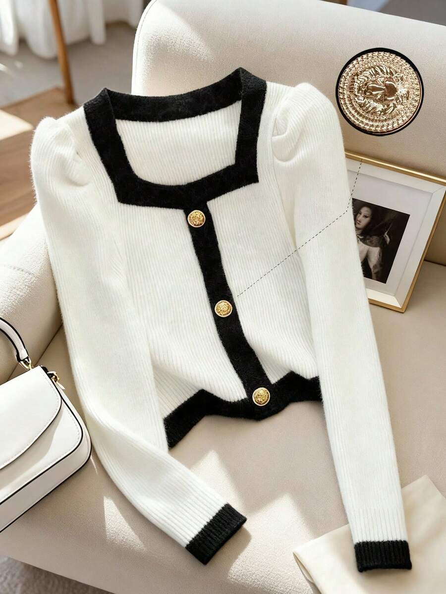 Franclia European & American Style Blogger Same Elegant Metal Buckle Contrast Color Square Collar Fitted Puff Sleeve Pullover Sweater - White - View 1