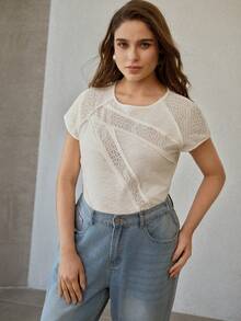 MOTF PREMIUM PLUS SIZE WOMEN'S CONTRAST LACE SHORT SLEEVE T-SHIRT, SPRING/SUMMER - White - View 5