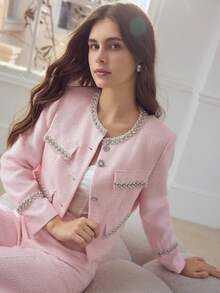 MOTF PREMIUM WOMEN'S CONTRAST FAUX PEARL BINDING BOXY JACKET - Pink - View 1