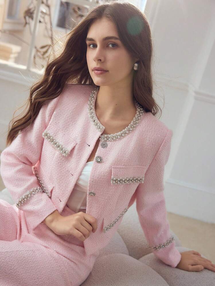 WOMEN'S CONTRAST FAUX PEARL BINDING BOXY JACKET