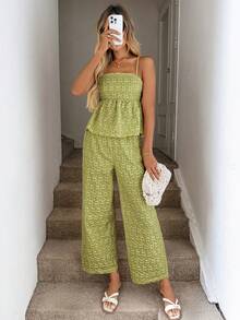 Easowa 黄色可爱碎花吊带背心和松紧腰裤套装，夏季 - 綠色 - 查看 6