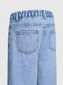 SHEIN ChillGRL 少女时尚刺绣阔腿水洗牛仔裤，春夏秋冬牛仔女童向日葵夏季牛仔裤校园Y2K少女90年代儿童女孩90年代少女Y2K印花花朵牛仔裤阔腿牛仔裤女孩宽松牛仔裤青少年女孩牛仔裤刺绣Y2K牛仔裤女孩 - 藍色 - 查看 4