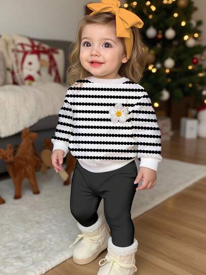 SHEIN Bộ quần áo nỉ dài tay cổ tròn họa tiết sọc và hoa thời trang giản dị cho bé gái, thích hợp cho mùa thu/đông