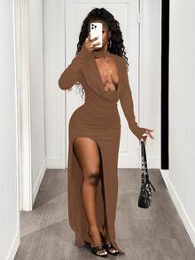 BamGleam Autumn/Winter New Sexy Party Plunging Neckline Metal Ring Decor Bodycon High Slit Long Sleeve Dress For Women - Brown - View 3