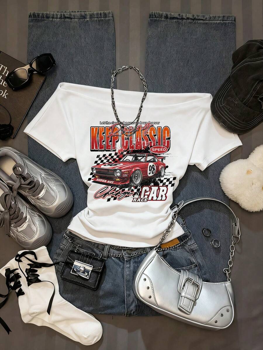 SHEIN EZwear 女士休闲腰部褶皱露肩紧身短袖白色T恤，复古汽车图案，适合夏季穿着 - 白色 - 查看 1