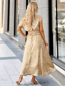 Solivie 女士优雅印花圆领短袖衬衫套装（2件套）搭配刺绣网纱弹力腰半身裙 - 金色 - 查看 2