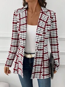 SHEIN Clasi Women's Elegant Plaid Blazer Jacket, Versatile Daily Wear Long Sleeve Blazer, Classic Checkered Jacket For Commuting, Autumn - Red - View 5