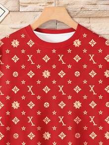 Manfinity Dauomo 男士休闲全印花圆领短袖T恤，夏季 - 紅色 - 查看 3