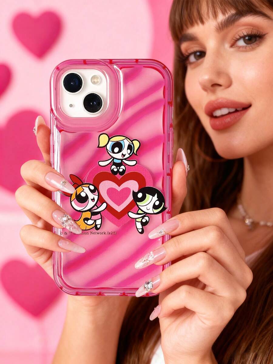 THE POWERPUFF GIRLS X SHEIN Puffburst 女孩图案防震手机壳，透明可爱风，时尚简约，防震防摔 TPU 软壳，兼容 13/16 Pro Max/17/Air/17 Pro/17 Pro Max，卡通爱好者适用 - 日常使用及礼物 - 紅色 - 查看 1