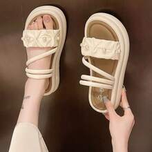 Sandalias de suela gruesa con talón de mujer Sandalias de verano para mujer, recién llegadas, estilo hada, con pliegues y abalorios, suela blanda. Sandalias versátiles para exterior con suela gruesa. Moda casual francesa. Sandalias de doble uso con suela blanda. - Blanco - Ver 10