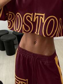 StreetHx Bộ 2 áo crop top + quần nỉ in họa tiết tương phản cho nữ - Nhiều màu - Xem 4