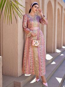 Al Najma Women's Elegant V-Neck Long Sleeve Cashew Pattern Arabic Style Dress Modest Dress Maxi Long Sleeve Dress Formal Elegant Party Uxury Evening Dresses Wedding Party Dress - Multicolor - View 1