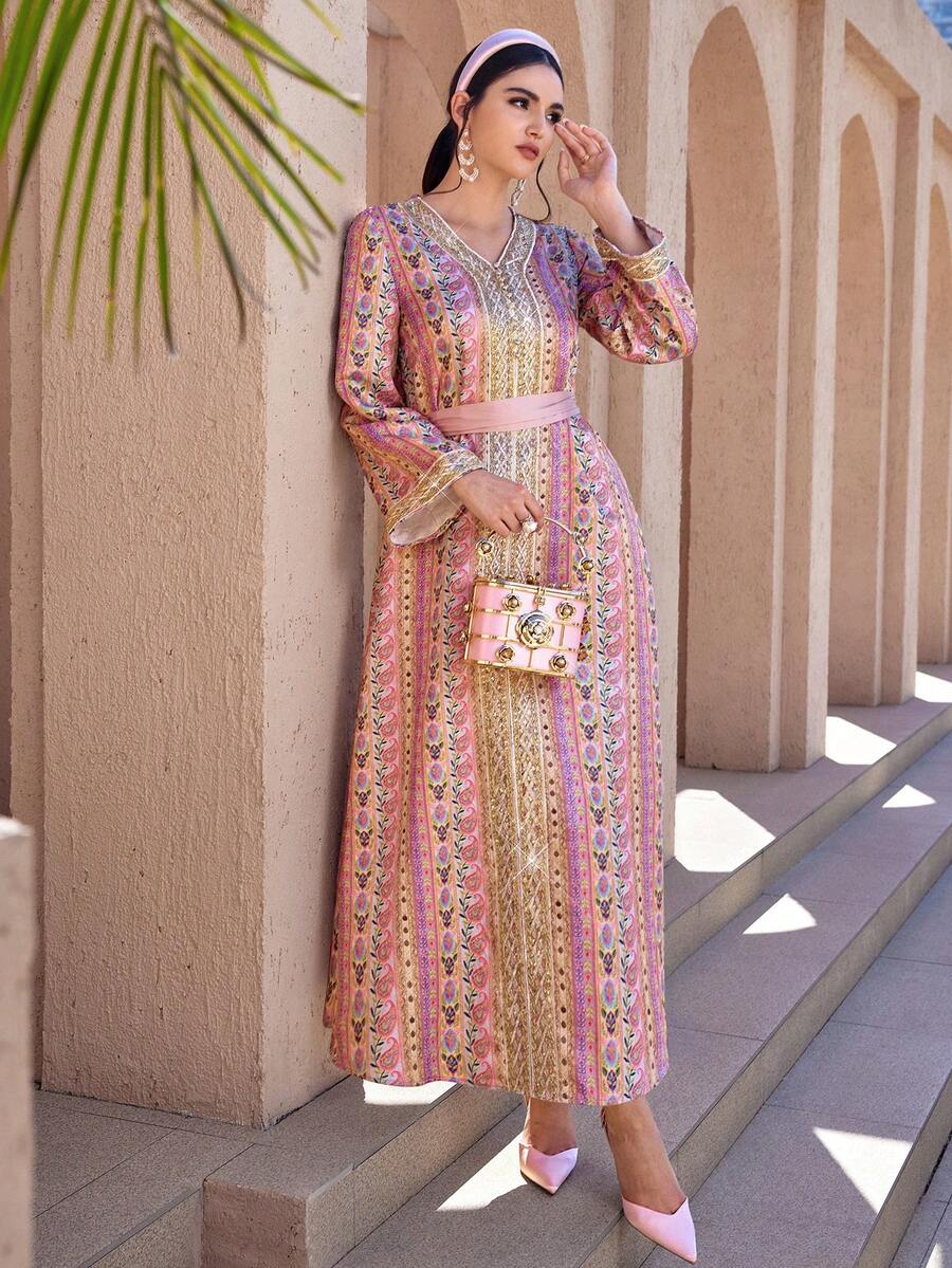 Al Najma Women's Elegant V-Neck Long Sleeve Cashew Pattern Arabic Style Dress Modest Dress Maxi Long Sleeve Dress Formal Elegant Party Uxury Evening Dresses Wedding Party Dress - Multicolor - View 1