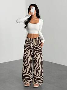 SHEIN PETITE Women's New Zebra Print Low Waist Wide Leg Beach Cover Up Pants, Vacation Clothes Vacation Women Beach For Woman Boho Women's Clothing Country Concert , Western Wear Women Y2k