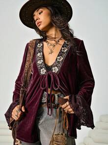 SHEIN EZwear 大码女式花卉刺绣撞色蕾丝系带天鹅绒衬衫，时尚度假风，秋冬款 - 中紫紅色 - 查看 4