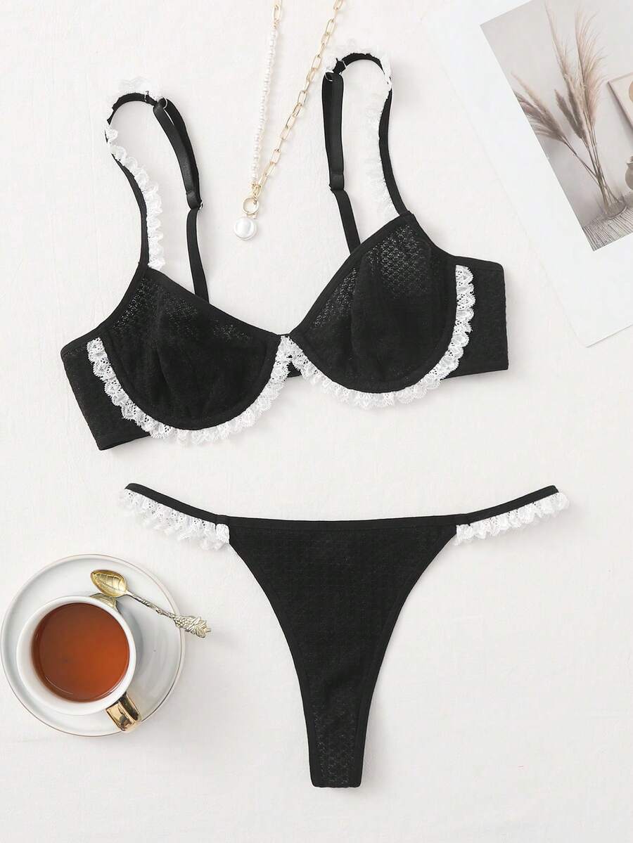 Contrast Lace Underwire Bra & Thong Lingerie Set, Kawaii - Black - View 1