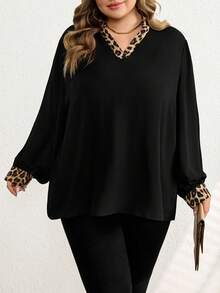 SHEIN CURVE+ Áo kiểu tay phồng họa tiết da báo tương phản/2026/Bữa tiệc trưa mùa hè năm mới - màu đen - Xem 5