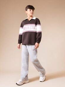 SUMWON Boys Colour Block Polo Shirt And Grey Sweatpants Two Piece Casual Set With White Collar Long Sleeve Top And Comfortable Joggers - Multicolor - View 1