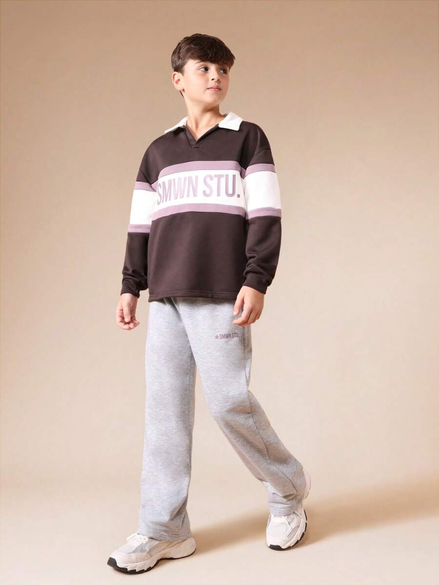 SUMWON Boys Colour Block Polo Shirt And Grey Sweatpants Two Piece Casual Set With White Collar Long Sleeve Top And Comfortable Joggers - Multicolor - View 1