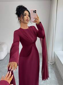Elenzga Burgundy Elegant Autumn Chiffon Long Dress,Crew Neck Long Sleeves Waist-Cinching Sash Sleeves New Year Outfit,Suitable For Dining Parties&Gatherings - Burgundy - View 4