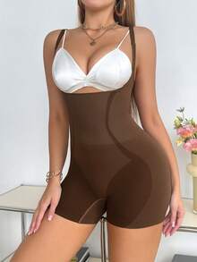 SHEIN 1pc Women's Solid Color High Elasticity Bodysuit - Chocolate Brown - View 4