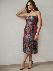 MOTF PREMIUM فستان حفلة بدون أكتاف من الشبك المرصع بالترتر، خريف/شتاء - متعدد الألوان - مشاهدة 5