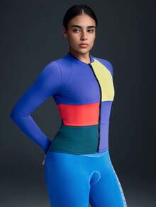 Powerista Women's Contrast Color Raglan Long Sleeve Cycling Jersey And Shorts Set,Professional Zip-Up Fitted Knitted Top With Padded Bike Shorts - Royal Blue - View 5