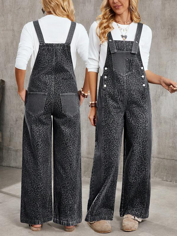 EMERY ROSE Women's Fashionable Vintage Leopard Print Patchwork Denim Bib Pants