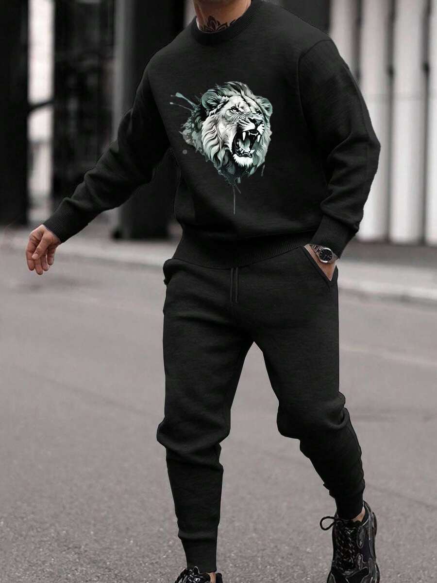 EURMUSE Men Lion Printed Regular Sweatshirt Set - Black - View 1