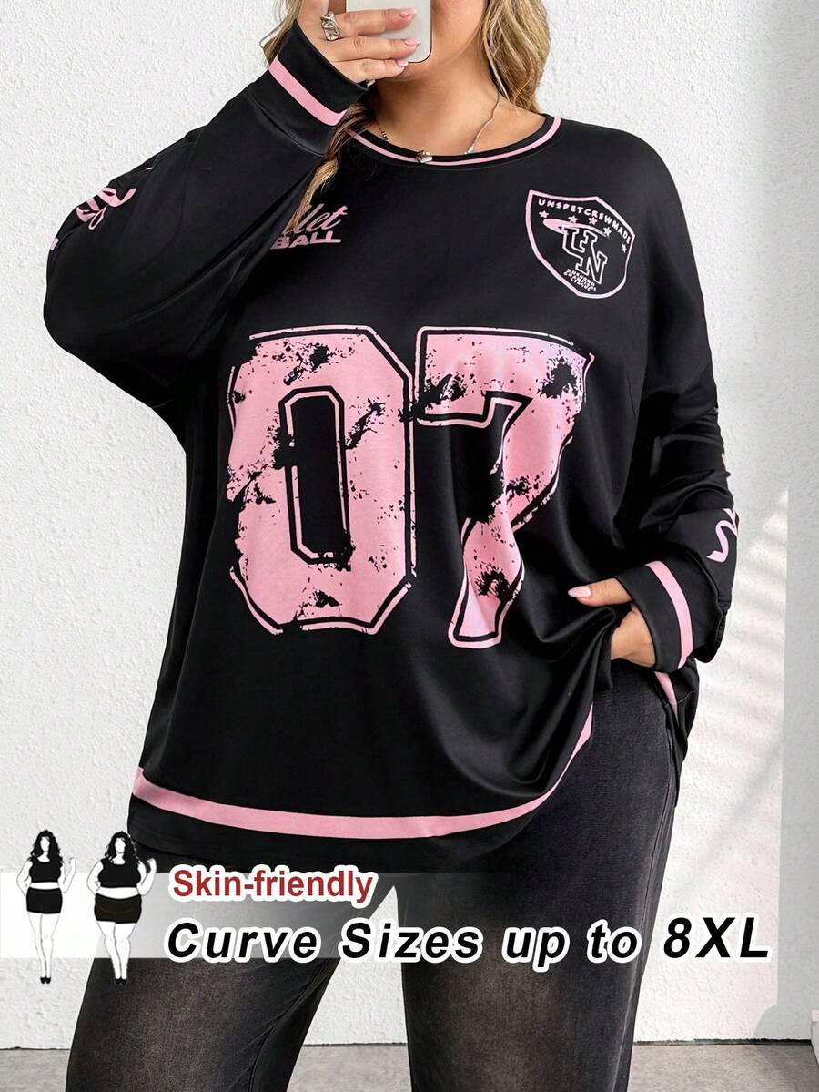 SHEIN CURVE+ 休闲街头美式复古新款圆领露肩字母英文Logo印花长袖超宽松T恤裙杏色下摆绿色花朵女式T恤-A - 黑色 - 查看 1