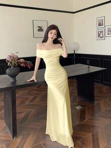 Modelyn Women's Off Shoulder Ruched Waist Elegant Wedding/Party Dress Off Shoulder Dress Pale Yellow Dress Elegant Dress - Light Yellow - View 5