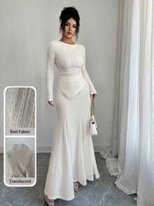 Modelyn Bộ 2 áo thun trơn màu không đối xứng và chân váy đuôi cá cho nữ - Màu xanh lam - Xem 7