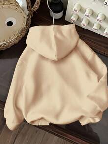 SHEIN EZwear 大码休闲简约骑马图案宽松连帽长袖加厚卫衣，女款，适合秋冬季、返校季、机场、圣诞节等场合，Y2K风格可爱卫衣 - 米色 - 查看 2
