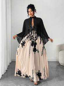 Elenzga Bộ đồ liền thân 2 mảnh họa tiết hoa cỡ lớn dành cho nữ, khăn choàng voan thanh lịch hai mảnh cho mùa xuân/thu Đầm maxi không dây xếp nếp họa tiết hoa gợi cảm dành cho nữ, Đầm dài chữ A hở lưng xếp nếp không tay thanh lịch, thích hợp cho các bữa tiệc, khăn choàng và khăn choàng cho nữ, thích hợp cho váy dạ hội, khăn choàng voan - Màu be - Xem 7