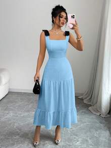 Selianne Colorblock Bow Strap Embroidered Knit Beach Vacation Party Dress - Blue - View 4