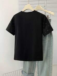 Resyla Kaos Longgar Kasual dengan Hiasan Rhinestone, Leher Bulat, Ukuran Besar - Hitam - View 2