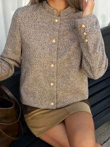 DAZY Women's Elegant Stand Collar Jacket, Autumn/Winter - Khaki - View 7