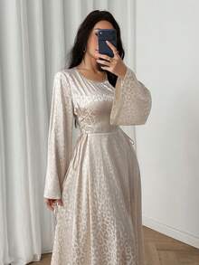 Al Najma Váy chữ A buộc eo thanh lịch dành cho nữ, họa tiết da báo, tay dài, màu mơ, phù hợp cho mùa thu - Màu be - Xem 5