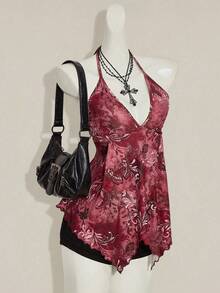 SHEIN ICON Burgundy Halter Tank Top For Women Boho Style Knitted Fabric Regular Length