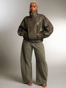 Denimoi Women's Casual Solid Color Loose Button Jeans - Army Green - View 4