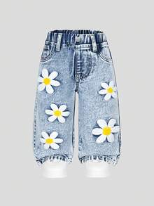 Quần Jeans Denim Cho Bé Gái, Dáng Rộng, Ống Rộng, Chất Liệu Denim Cotton Thoải Mái, Thêu Hoa, Đa Năng Cho Mặc Hàng Ngày, Thu/Đông - Rửa nhẹ - Xem 10