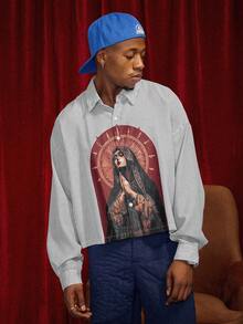 PAVTROS Men's Casual Long Sleeve Printed Single-Breasted Striped Shirt Mens Religious Shirt Religious Printed Shirt Virgin Mary Shirt Striped Jacket,Streetwear - Black - View 6