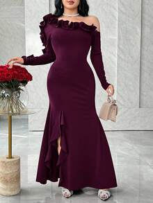 Modelyn 女士纯色荷叶边不对称领长袖鱼尾修身优雅连衣裙 - 紫色 - 查看 5